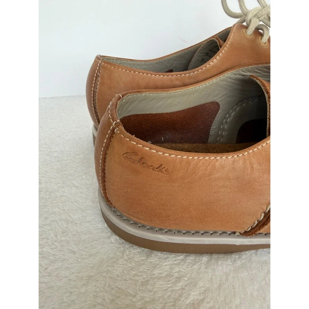 Clarks Mens 8 Tan Brown Leather Lace Up Derby Shoe comfort travel quiet luxury